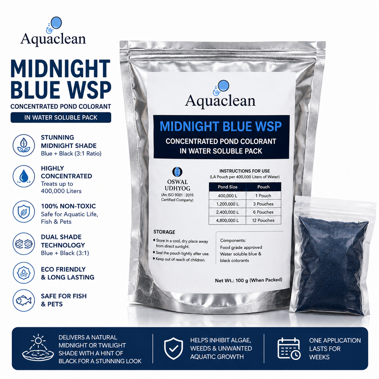 Aquaclean Midnight Blue WSP Concentrated Pond Colorant in Water Soluble Pouch