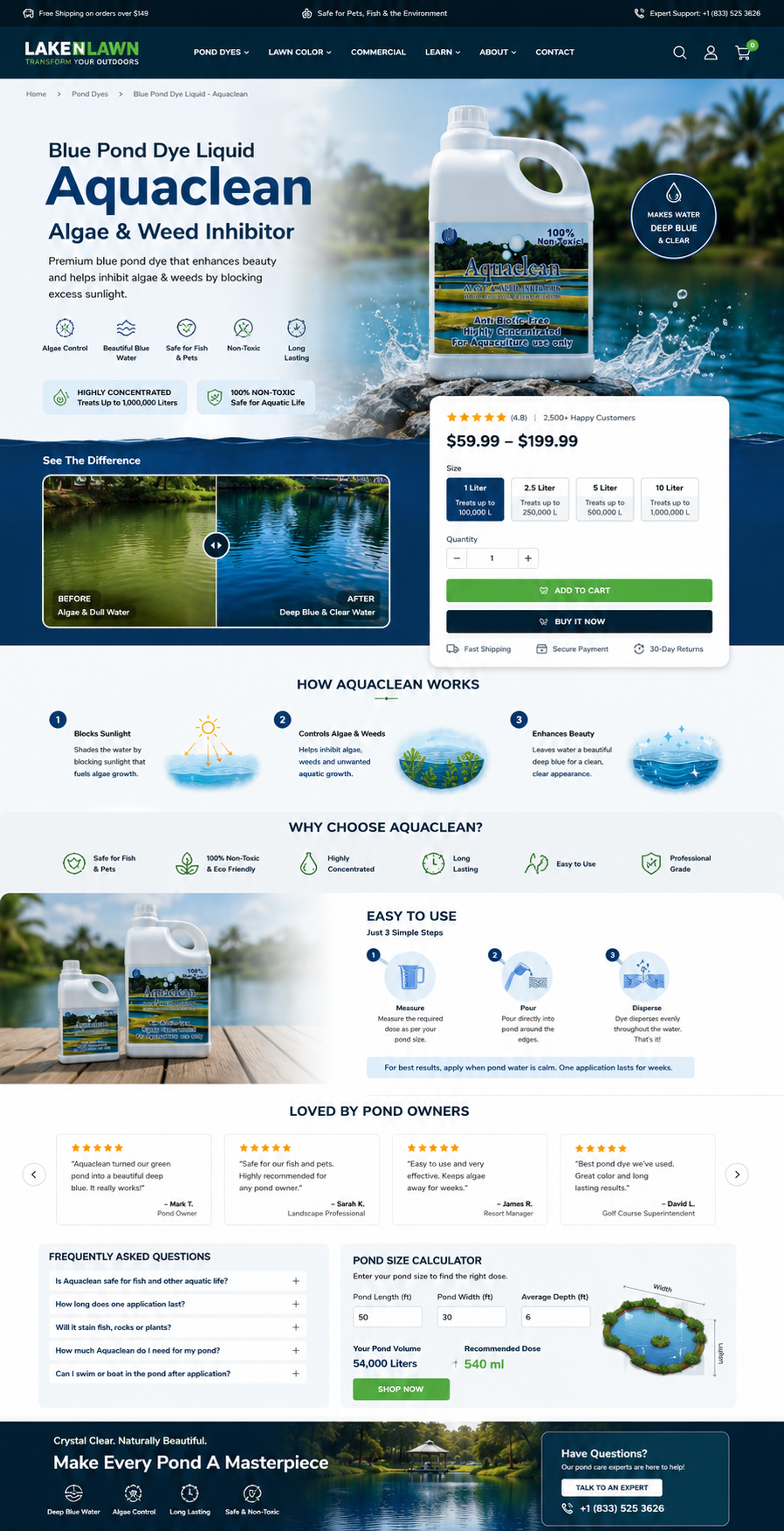 Blue Pond Dye Liquid Aquaclean Algae & Weed Inhibitor